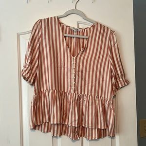 Madewell striped peplum top with cinched puff sleeves and button detail, size M